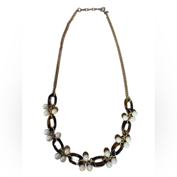 J Crew Faux Tortoise Shell Chain Link and Cluster Pearls Necklace 17-19" Long - Picture 2 of 5